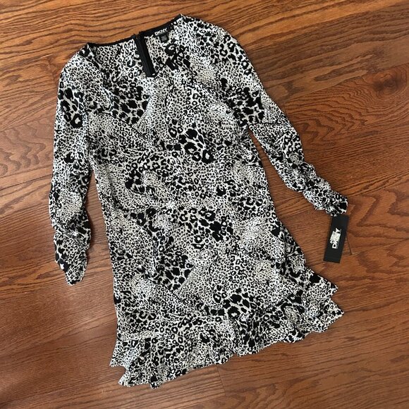 NWT DKNY Black White Leopard Print Silk Blend Ruffled Tiered Mini Dress Size 4 - Picture 3 of 16